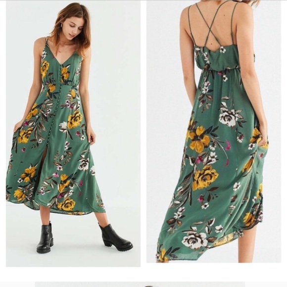 Urban Outfitters Dresses & Skirts - Urban Outfitters Lady Lava Green Floral Button-Down Midi Dress Size 2 Boho Soft